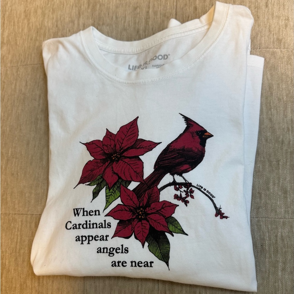 Life Is Good 100% Cotton White Shirt with Cardinal and Floral Design
